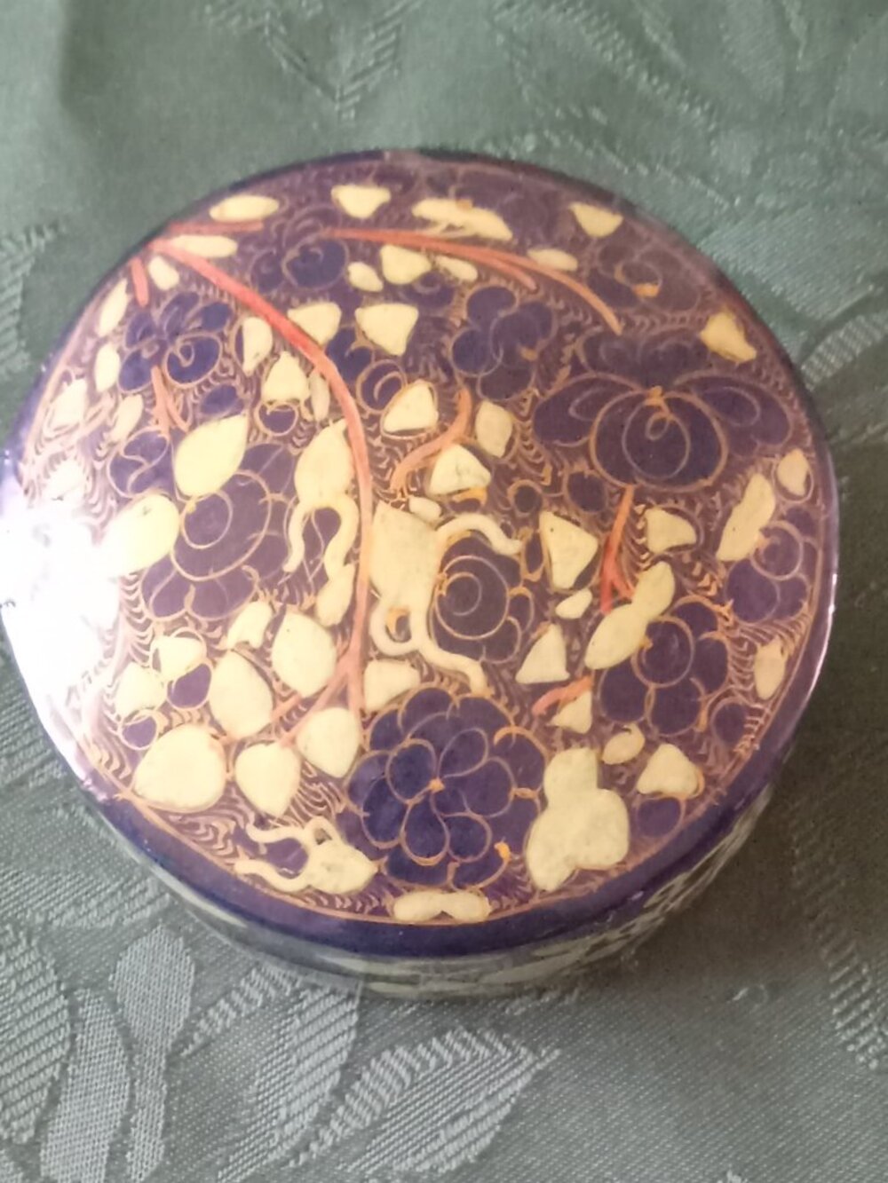 Intricately decorated lacquer Kashmir Box in great used condition with paper